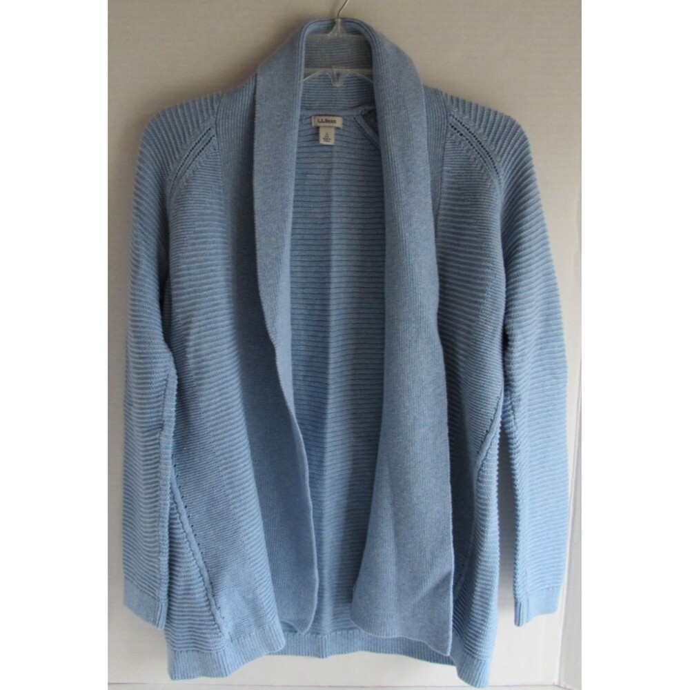 LL Bean Solid Blue Open Front Cotton Cardigan Sweater Size Small